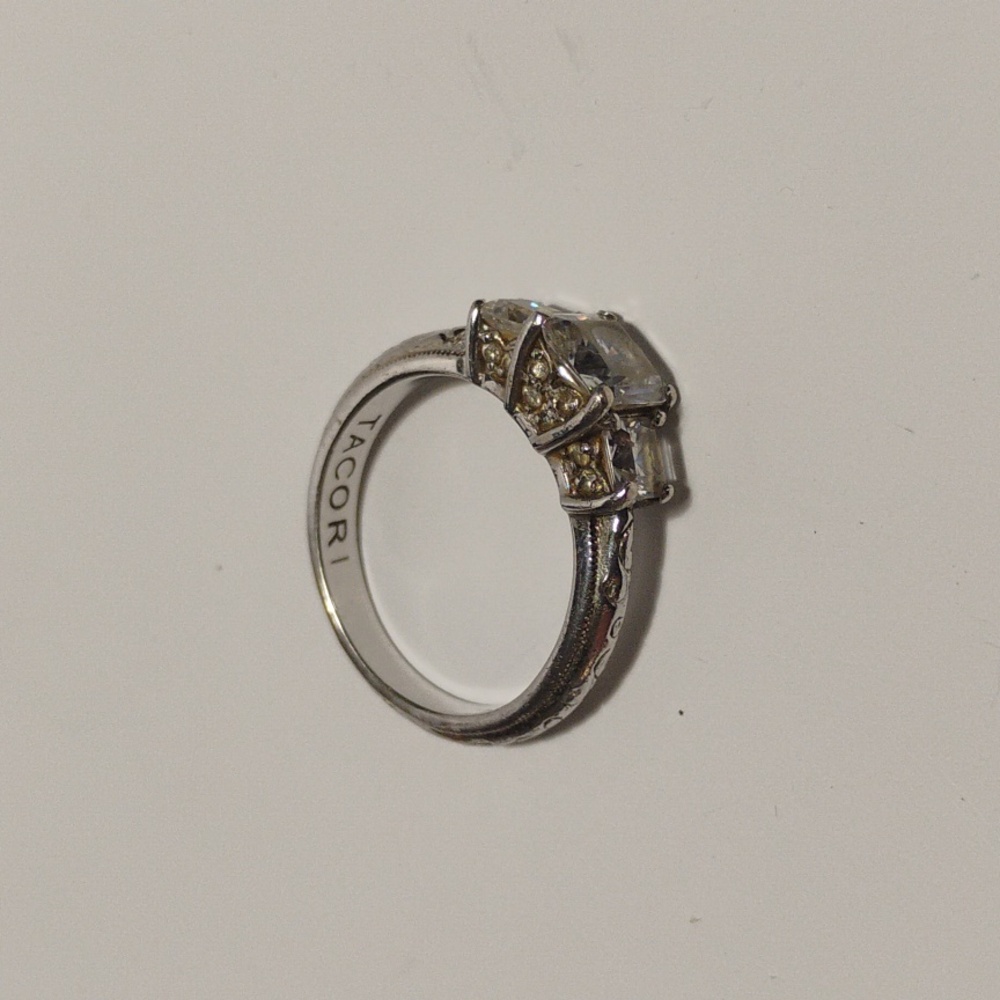 Tacori Set Of  Sterling 925 Silver Trio Princess CZ Ring And Matching Band Sz 7 - Picture 3 of 16